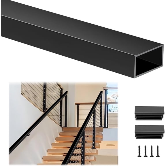4FT Aluminum Handrail Black, Rectangular Flat Top Hand Rail for Indoor Outdoor Deck Stair Cable Railing System, Black Hand Rail with Plastic End Cap for DIY Deck Railing Coastal Balustrade