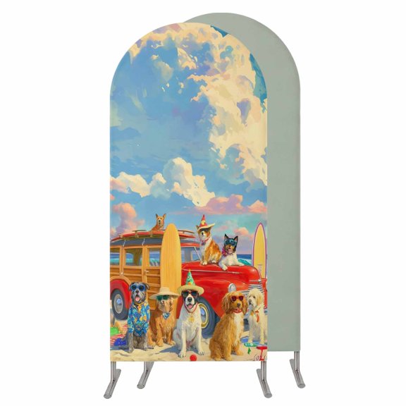 4FT Arch Backdrop Covers, Coastal Beach Dogs Wedding Arch Cover Stretchy, Summer Ocean Watercolor Cartoon Blue Chiara Arches Backdrop Stand Covers for Birthday Baby Shower Party Banquet Decor