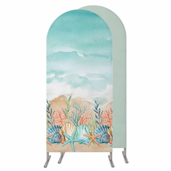 4FT Arch Backdrop Covers, Coastal Beach Wedding Arch Cover Stretchy, Ocean Wave Summer Sea Starfish Coral Teal Beige Chiara Arches Backdrop Stand Covers for Birthday Baby Shower Party Banquet Decor