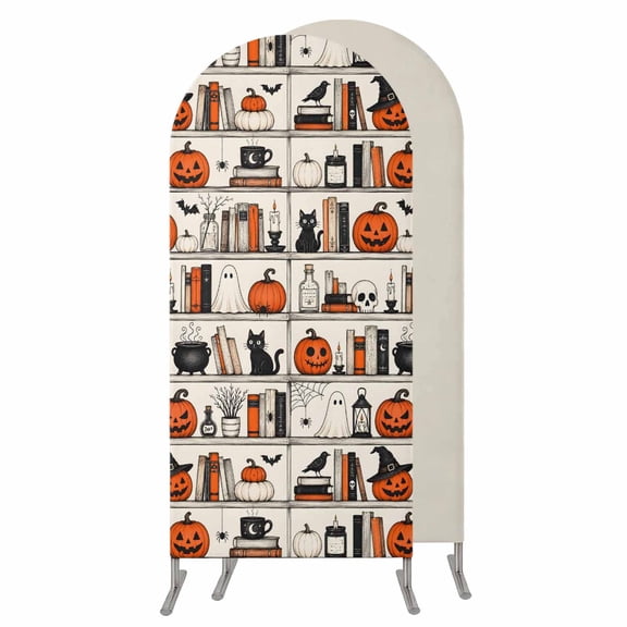 4FT Arch Backdrop Covers, Halloween Library Wedding Arch Cover Stretchy, Spooky Bookcase Cats Pumpkins Ghost Chiara Arches Backdrop Stand Covers for Birthday Baby Shower Party Banquet Decor