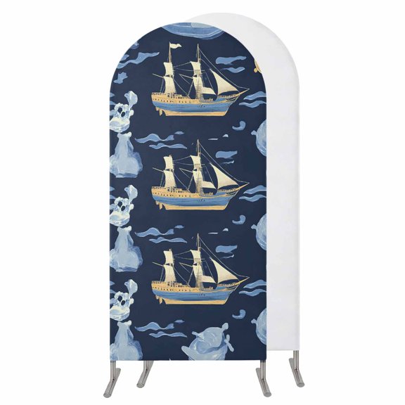 4FT Arch Backdrop Covers, Navy Blue Coastal Wedding Arch Cover Stretchy, Nautical Modern Art Boat Compass Chiara Arches Backdrop Stand Covers for Birthday Party Photo Studio Backgrounds