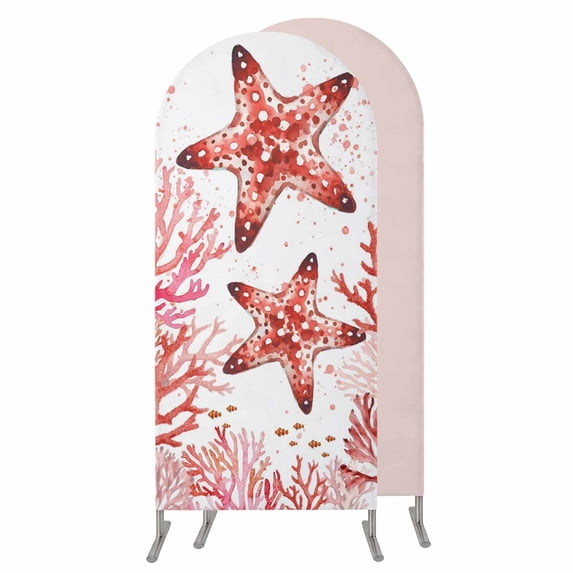 4FT Arch Backdrop Covers, Red Coastal Starfish Wedding Arch Cover Stretchy, Summer Ocean Coral Sea Fish Abstract Chiara Arches Backdrop Stand Covers for Birthday Baby Shower Party Banquet Decor