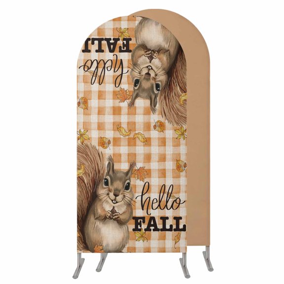 4FT Arch Backdrop Covers, Squirrel Hello Fall Wedding Arch Cover Stretchy, Maple Leaf Thanksgiving Orange Plaid Chiara Arches Backdrop Stand Covers for Birthday Baby Shower Party Banquet Decor