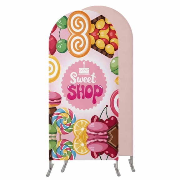 4FT Arch Backdrop Covers, Sweet Shop Words Wedding Arch Cover Stretchy, Candyland Colorful Lollipop Potatoes Chiara Arches Backdrop Stand Covers for Birthday Baby Shower Party Banquet Decor