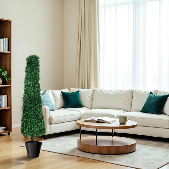 4FT Artificial Boxwood Tower Topiary Trees, Set of 2 UV Resistant Fake Potted Plants with Full & Realistic Leaves, Durable Decor for Front Porch, Patio, Indoor Spaces