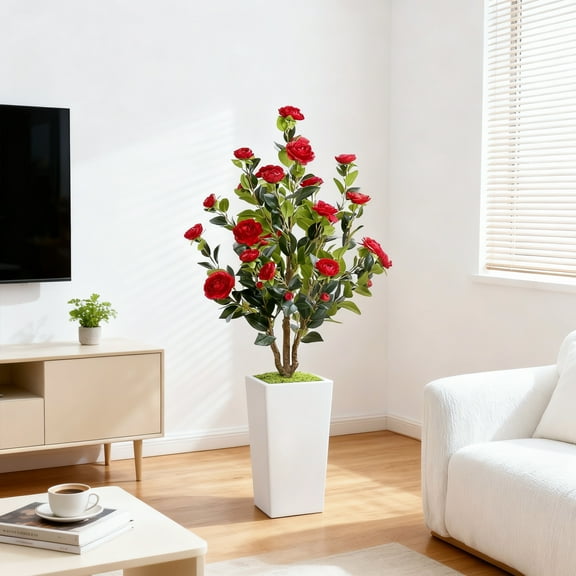 4FT Artificial Camellia Tree, 120cm Large Camellia Tree In White Pot, Blooming Florals Plant With Adjustable Braches Fake Potted Flowers Plant for Home Office Garden Porch Decoration