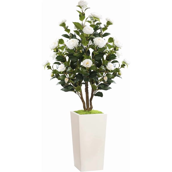 4FT Artificial Camellia Tree with White Tall Planter for Indoor Outdoor Decor