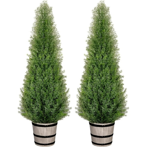 4FT Artificial Cedar Topiary Trees with Rustic Barrel Planter, Outdoor Indoor Realistic Faux Pine Shrubs Plants, Fake Cypress Trees for Home Offices Porch Decor, Set of 2
