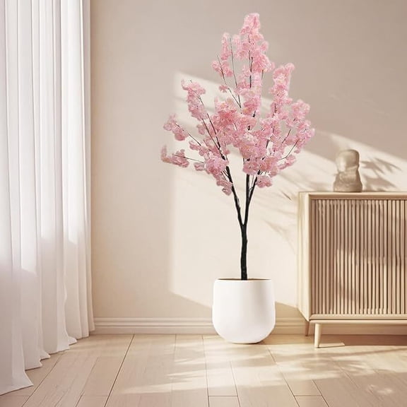4FT Artificial Cherry Blossom Tree in Pot, Big Fake Silk Flowers for Home Office Garden Entryway