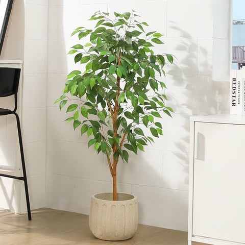 4FT Artificial Ficus Tree with Natural Wood Trunk and Lifelike Leaves, Silk Fake Potted Tree with Wood Branches, Faux Tree for Office Home Decor