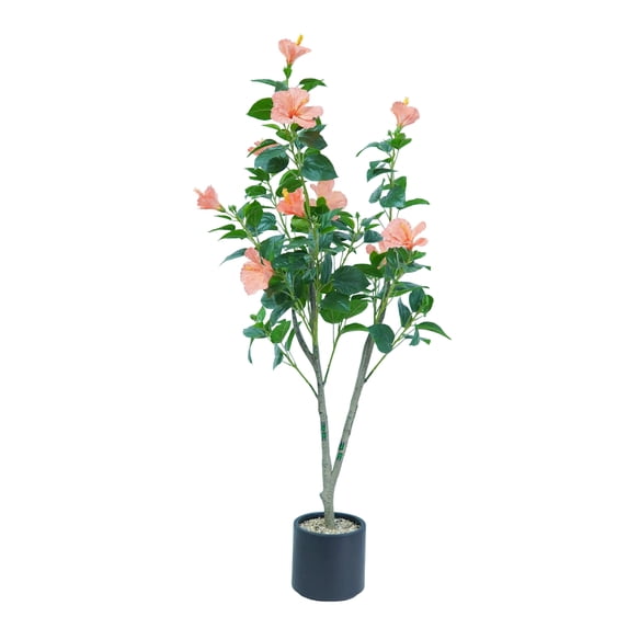 4FT Artificial Hibiscuses Tree, Faux Potted Flower Plant with Realistic Flowers, Fake Flower Tree For Garden Office Party Wedding Hotel