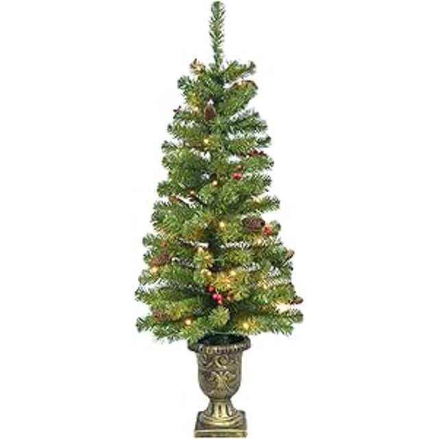 4FT Artificial Potted Christmas Tree with Lights, Christmas Tree with