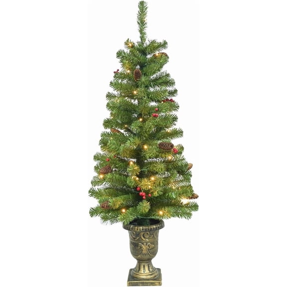 4FT Artificial Potted Christmas Tree with Lights, Pre-lit Mini Christmas Tree with 50 LED Lights, Small Fake Spruce Tree with 140 Branch Tips, Pine Cones & Red Berries, Battery Operated