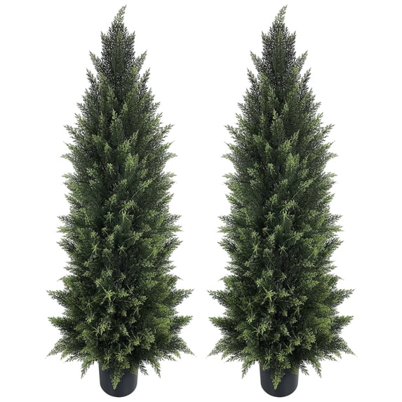 4FT Artificial Cedar Topiary Tree with Pot, UV Resistant Fake Pine Tree, Outdoor Indoor Decor for Front Porch Patio Garden, No Maintenance Faux Evergreen Greenery(2 Pack)
