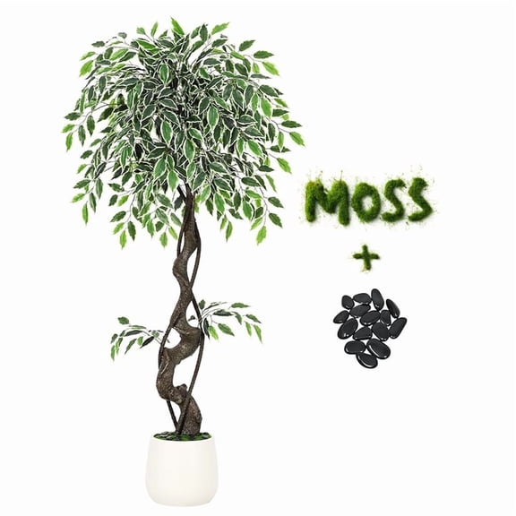 4FT Artificial Tree Ficus, Tall Faux Trees Indoor with Natural Trunk and Fake Silk Tree Fake Plants for Home Spring Decor Living Room Outdoor Balcony House Office (Included Dried Moss Pebbles)