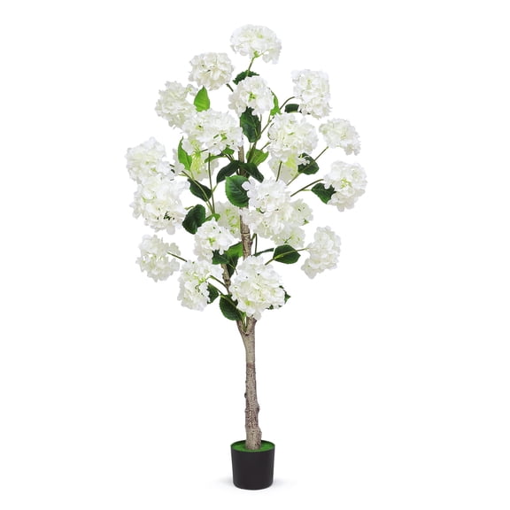 4FT Artificial White Hydrangea Tree, Real Touch Faux Flower Plant with Black Pot for Indoor Outdoor Home, Living Room, Porch, Patio, Garden, Office Decor