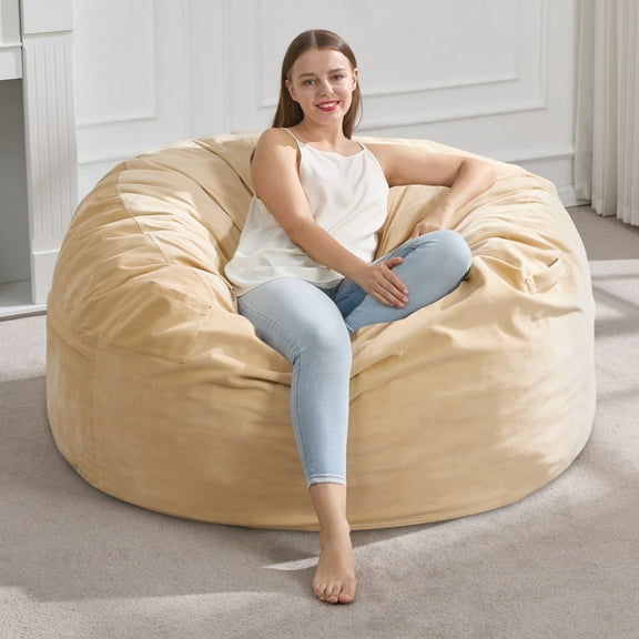 4FT Bean Bag Chair Bean Bag Chairs for Adults Giant Bean Chairs with Velvet Cover, Memory Foam BeanBag Chair Fluffy BeanBag Chairs for Living Room, Bedroom - Khaki (44" x 44" x 24")
