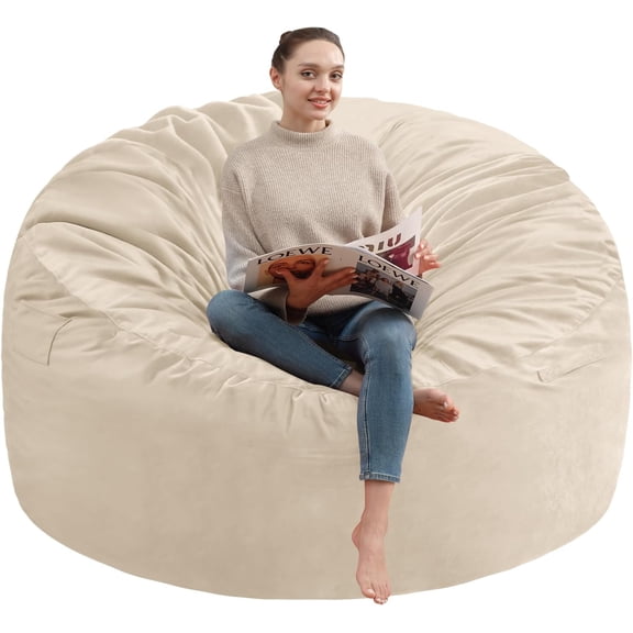 4FT Bean Bag Chair, Large Bean Bag Chairs with Memory Foam Filled, Fluffy Beanbag Sofa with Dutch Velvet Cover, Round BeanBag Chairs for Living Room, Playroom - Dark Beige