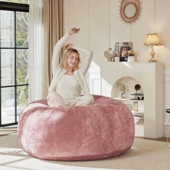 Light Pink 4ft Flannel Bean Bag Chair - Memory Foam, Soft Round Sofa for Living Room, Bedroom, Dorm Lounging & Relaxation - Comfortable Seating
