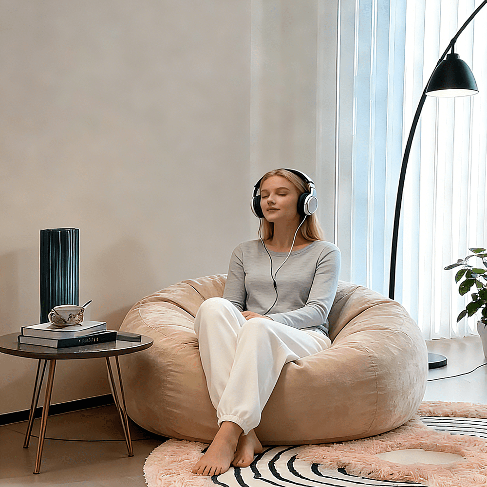 Sanae 4FT Bean Bag Chair for Adults, Memory Foam Filler with Removable Washable Flannel Cover, Lazy Sofa for Living Room, Apricot
