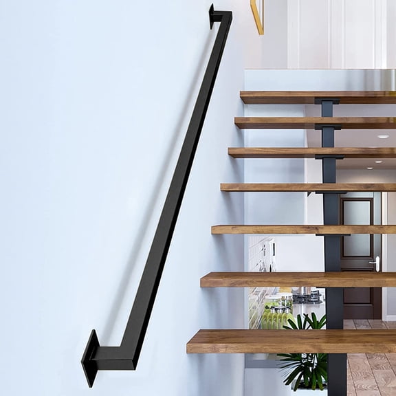 4FT Black Iron Hand Railing, Sturdy Safety Staircase Handrails Wall Mount, 500lbs Load Capacity Industrial Iron Railing Pipe Handrail for Indoor Stairs, Outdoor Deck Loft Porch, Non-Slip and Rust