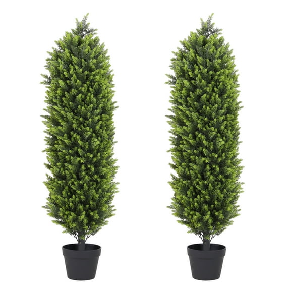 4FT Boxwood Outdoor Topiary Set of 2 Fake Plant Topiary Trees Artificial Outdoor with Sturdy Pot for Porch Outdoor Indoor