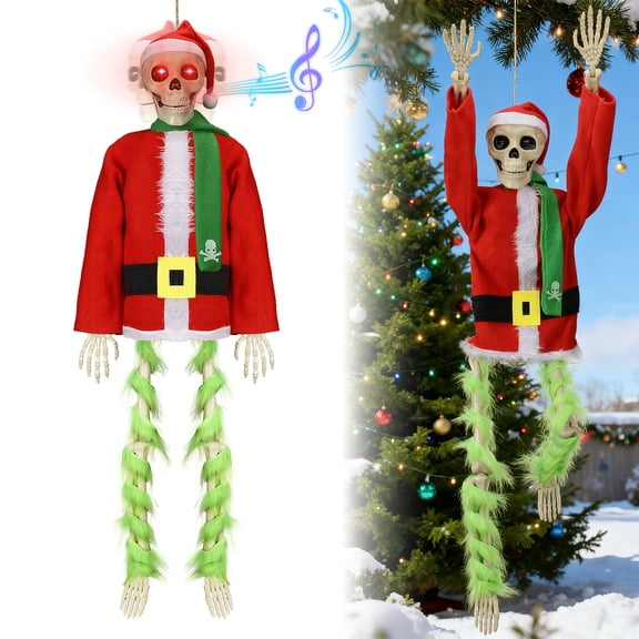 4FT Christmas Skeleton Statue Giant Hanging Santa Skeleton with Outfit Hat Joints Accessories for Outdoor Indoor Garden Decor