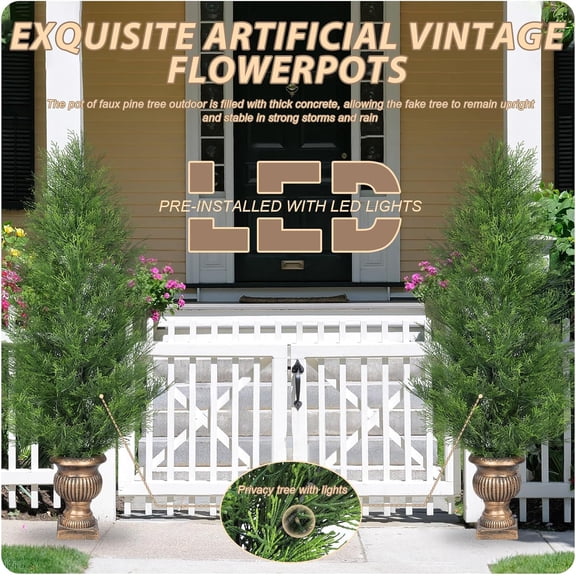 4FT Cypress Tree Artificial Pre-lit Artificial Emerald Green Arborvitae Potted Faux Shrub Bush -Resistant Fake Evergreen Privacy Tree with Light for Indoor Outdoor Dcor