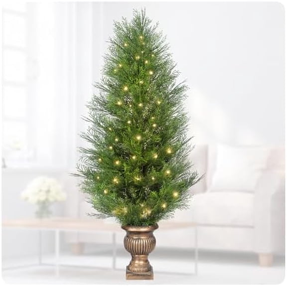 4FT Cypress Tree Artificial Pre-lit Artificial Emerald Green Arborvitae Potted Faux Shrub Bush UV-Resistant Fake Evergreen Privacy Tree with Light for Indoor Outdoor Dcor