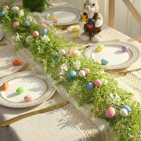 4FT Easter Garland for Mantle Spring Pastel Speckled Eggs Garland with Wildflowers, Artificial Rustic Hanging Vine for Fireplace Arch Table Tree Home Party Window Wall Wedding