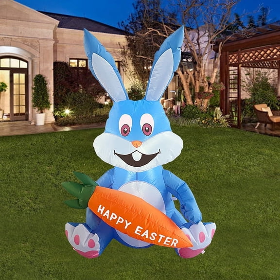 4FT Easter Inflatables Outdoor Decoration Inflatable Blue Bunny with Carrot, Built in LED Lights Blow Up Yard Decoration for Lawn Garden Holiday Party