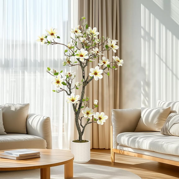 4FT Faux Southern Magnolia Plants Yellow Flowered Magnolia for Yard Patio Home Office Arrangement Decor，Artificial Magnolia Tree with 66 Realist Touch Flowers 72 Vivid Leaves White Pot Dry Mosses