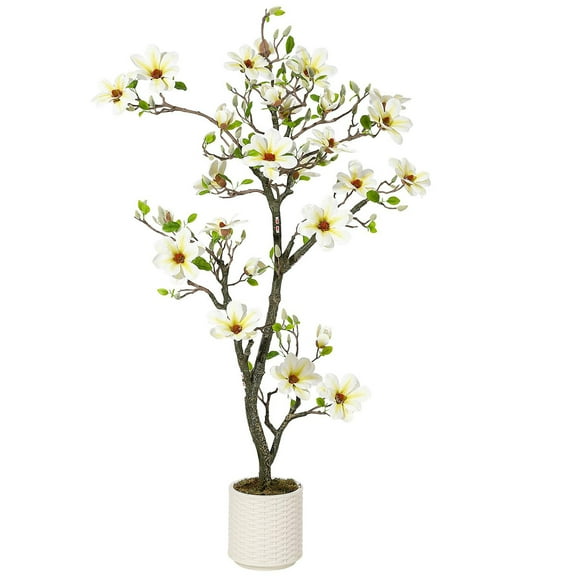 4FT Faux Southern Magnolia Plants Yellow Flowered Magnolia for Yard Patio Home Office Arrangement Decor Artificial Magnolia Tree with 66 Realist Touch Flowers 72 Vivid Leaves White Pot Dry Mosses