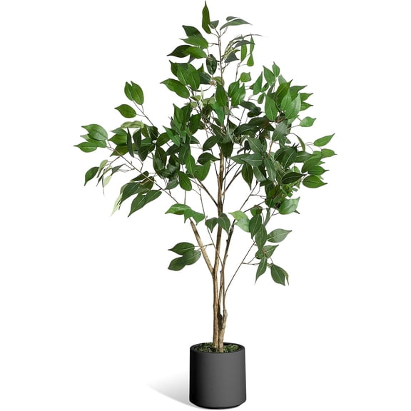 4FT Ficus Trees Artificial Indoor, Faux Silk Plant with Natural Wood Trunk and Lifelike Fruits, Black Imitation Ceramic Planter with Green Fake Moss for Modern Home Office Living Room Decor