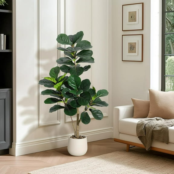 4FT Fiddle Leaf Fig Artificial Tree with Planter Pot, Faux Floor Plant, Indoor and Outdoor Fake Plants for Home Office Decor