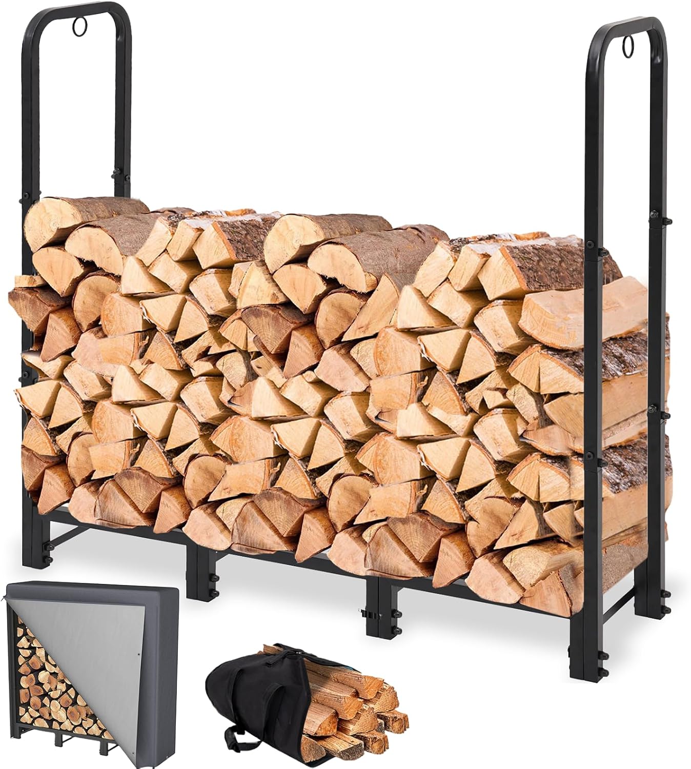 4-Foot Heavy Duty Outdoor Firewood Rack with Cover, Adjustable with Log ...