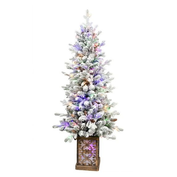 4FT Flocked Christmas Tree with Multicolour LED Lights, 396 Tips, Glitter Base, 100 Lights, PE/PVC Tips with Pine Cones – Light-Up Colorful Basin, Easy Assembly Holiday Decor