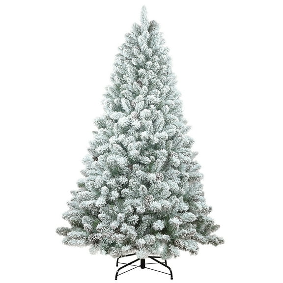 4FT Flocked Christmas Tree with Pine Cones Snowy PVC Artificial Holiday Tree, 366 Branch Tips, 21 Natural Pinecones, Sturdy Metal Stand, Full Shape for Seasonal Decoration
