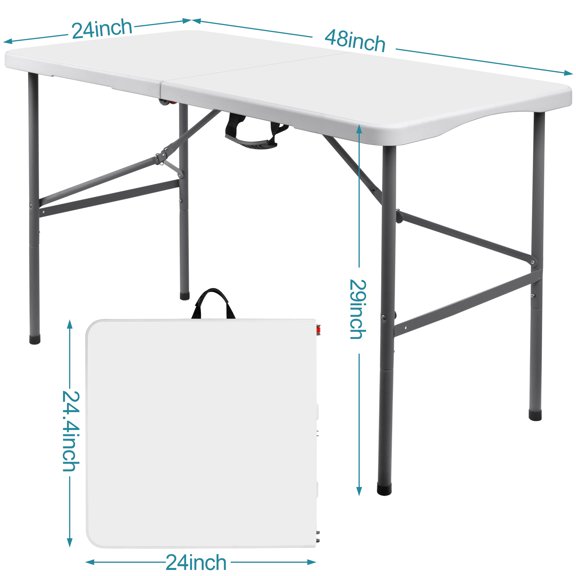 4FT Fold-in-Half Plastic Table, Curved/Straight Legs, Portable Work/Event Table for Indoor/Outdoor Use - White