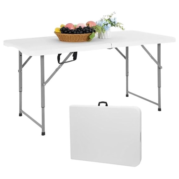 4FT Folding Table 18% Thicker HDPE Top Adjustable Height 18.5 24.5 29.5 Inch White Plastic Portable Surface for Indoor Outdoor Gatherings Picnics Camping Events Workstation
