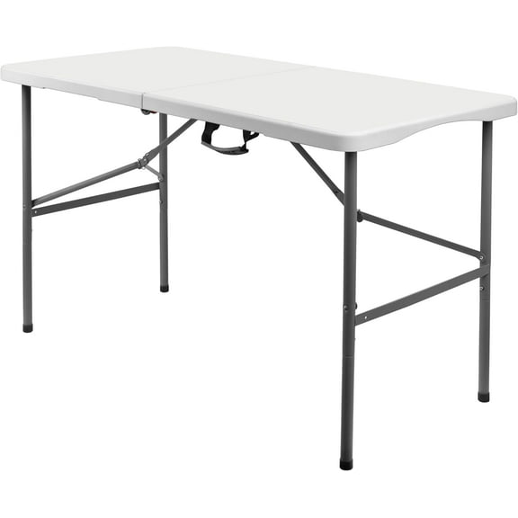 4FT Folding Table, Heavy Duty Plastic Table, Portable Folding Workbench for Picnic, Party, Camping with Handle, Locks, Straight Leg- White