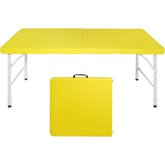 4FT Folding Table, Small Foldable Outdoor Table with Handle, Portable Picnic Table with Lock, Adjustable Height Plastic Table for Party, Camping, Outside (Yellow)