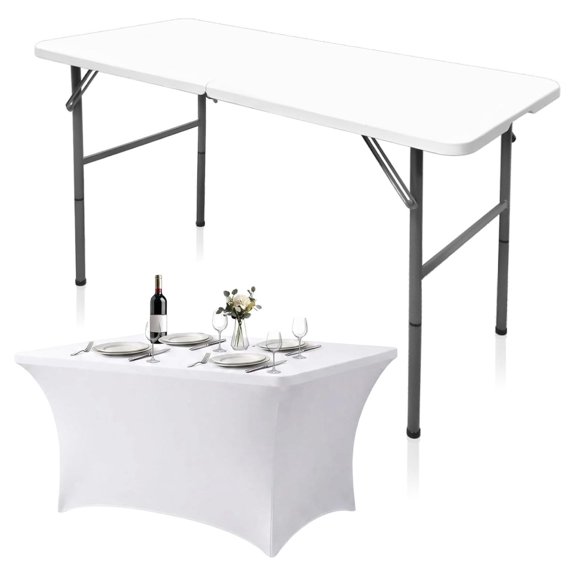 4FT Folding Table with Stretch Table Cover, Heavy Duty Plastic Portable Foldable Utility Table, Indoor Outdoor White Rectangular Work Surface for Party, Picnic, BBQ, Vendor Booth & Camping