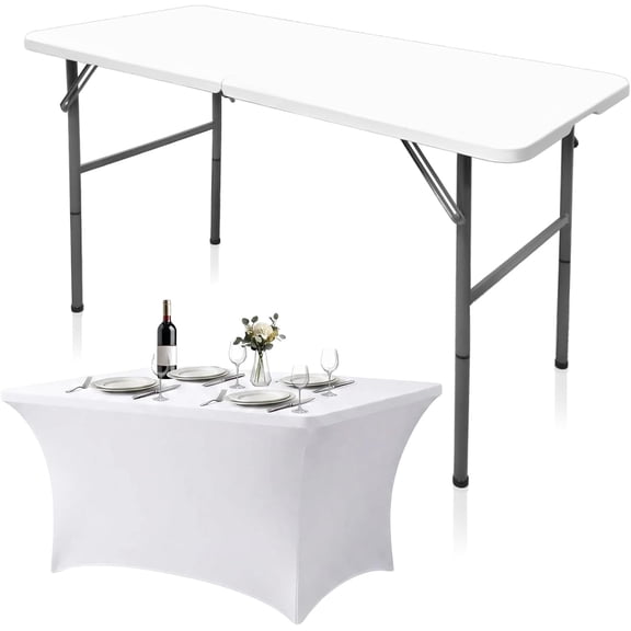 4FT Folding Table with Stretch Table Cover,Heavy Duty Plastic Portable Folding Table, 48" Indoor Outdoor Foldable Utility Table for Party, Picnic, BBQ, Buffet, Vendor Booth & Camping White)
