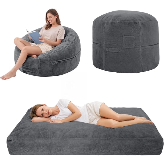4FT Giant Convertible Bean Bag Chair Bed for Adults - Bean Bag Couch to Floor Lounger & Mattress - Large Lazy Sofa Beanbag, Dark Gray, USA