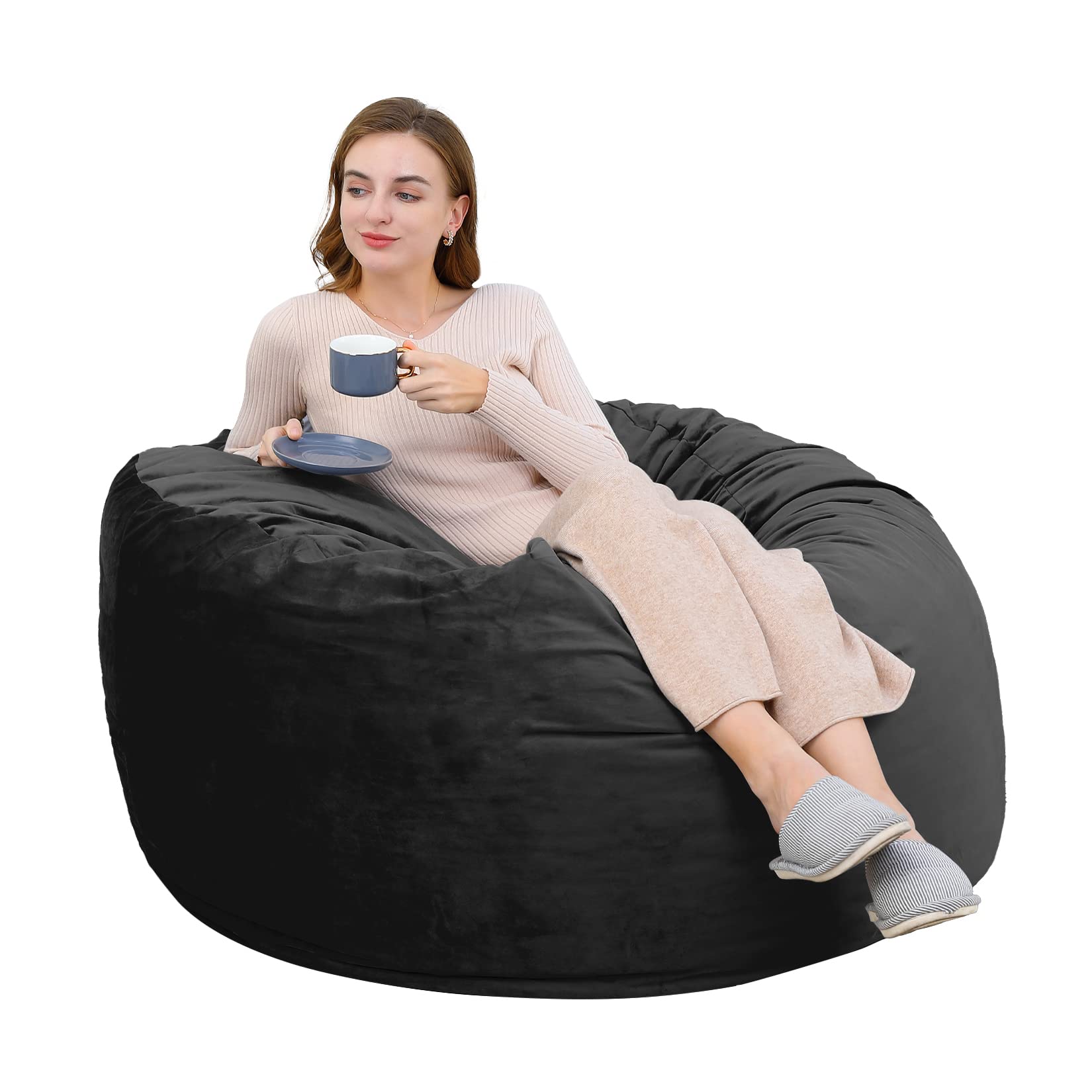 4FT Giant Round Bean Bag Chair for Teens & Adults. Velvet Fabric Foam Filled Lazy Sofa. Gami-ng  Sofa Chair Living Room Furniture