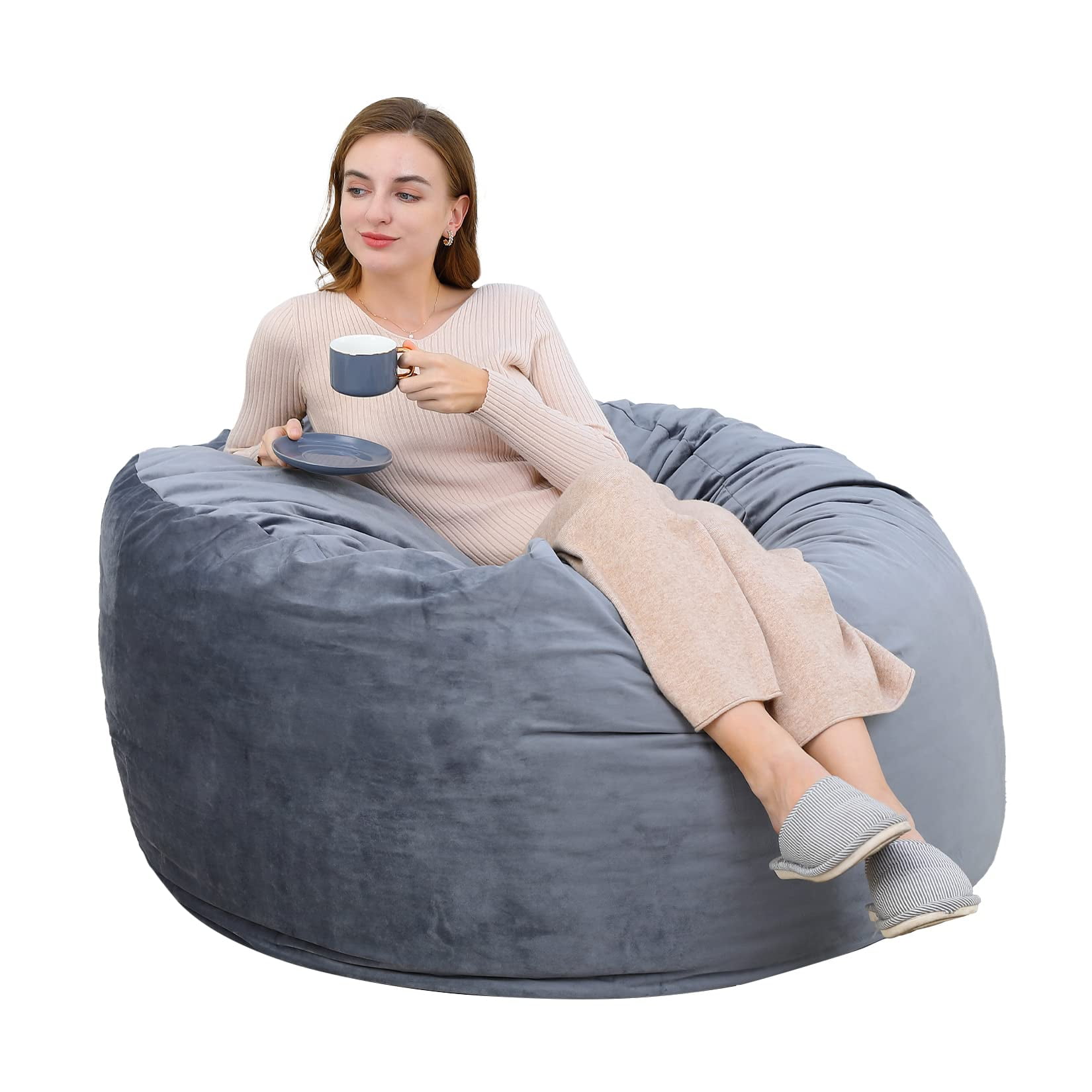 4FT Giant Round Bean Bag Chair for Teens & Adults. Velvet Fabric Foam Filled Lazy Sofa. Gami-ng  Sofa Chair Living Room Furniture