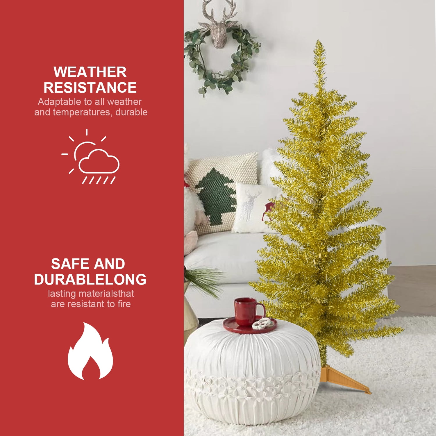 4FT Gold Christmas Tree with 50 UL Lights, 122 PVC Tips, Prelit Artificial Holiday Tree for Indoor Decoration, Small Space, Tabletop, Apartment, Office