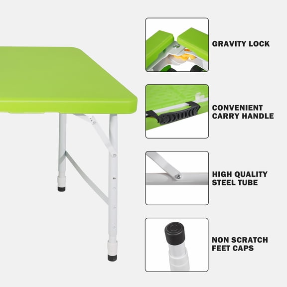 4FT Green Portable Folding Table - 135KG Weight Capacity, Indoor & Outdoor Foldable Table for Camping, Picnics & Backyard Use