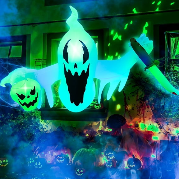 4FT Hanging Halloween Inflatable Decoration, Halloween Scary White Ghost Inflatable Broke Out from Window with Build-in LED Blow Up Inflatable for Indoor Outdoor Halloween Decor